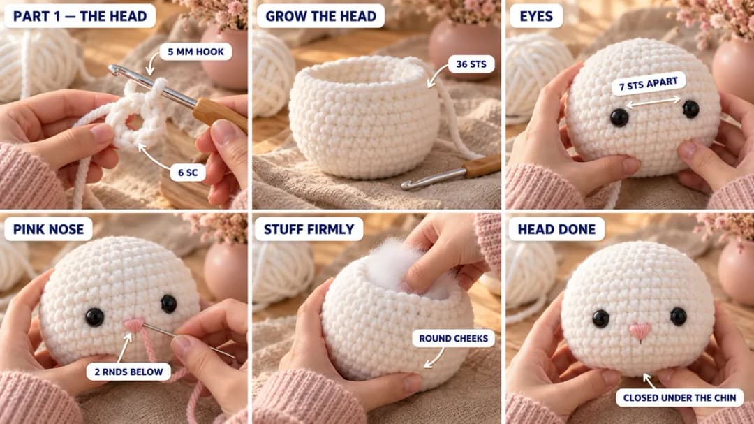 Step 1 of the crochet stuffed bunny: a white plush magic ring on a 5 mm hook, the head growing to 36 stitches, two black safety eyes placed 7 stitches apart, a little pink nose stitched below them, the head stuffed firmly, and the finished round bunny head closed under the chin