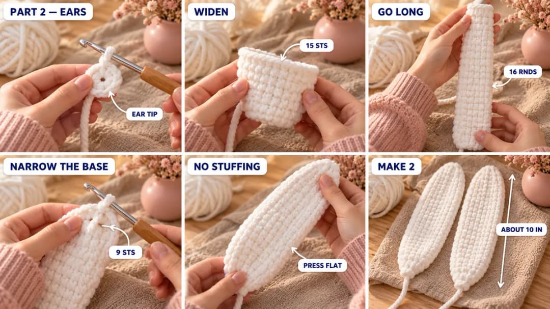 Step 2 of the crochet stuffed bunny: a white plush ear growing from a small magic ring at the tip, widening to 15 stitches, worked straight for 16 rounds, narrowing at the base, and two finished ears pressed flat, each about 10 inches long with a long yarn tail at the base