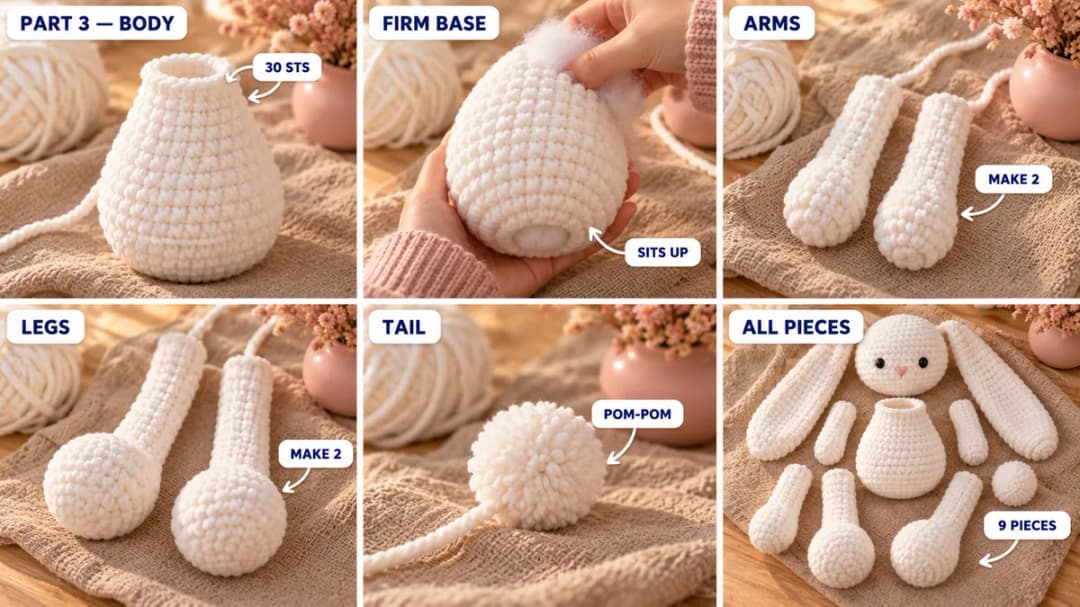 Step 3 of the crochet stuffed bunny: the white plush body worked from a flat base, stuffed firmly at the bottom, two short arms with stuffed paws, two long legs with round stuffed feet, and a fluffy white pom-pom tail, all laid out on a beige knit throw