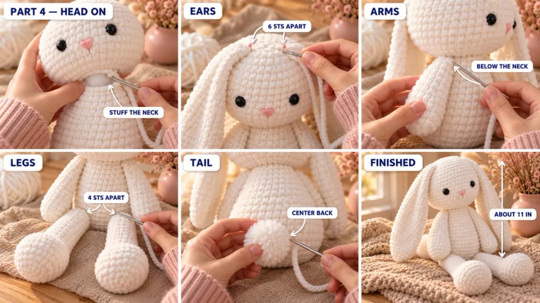 Step 4 of the crochet stuffed bunny: the head being sewn onto the neck of the body, the long floppy ears sewn on top of the head, the arms sewn just below the neck, the legs sewn to the lower front so the bunny sits, the pom-pom tail on the back, and the finished white plush bunny sitting up