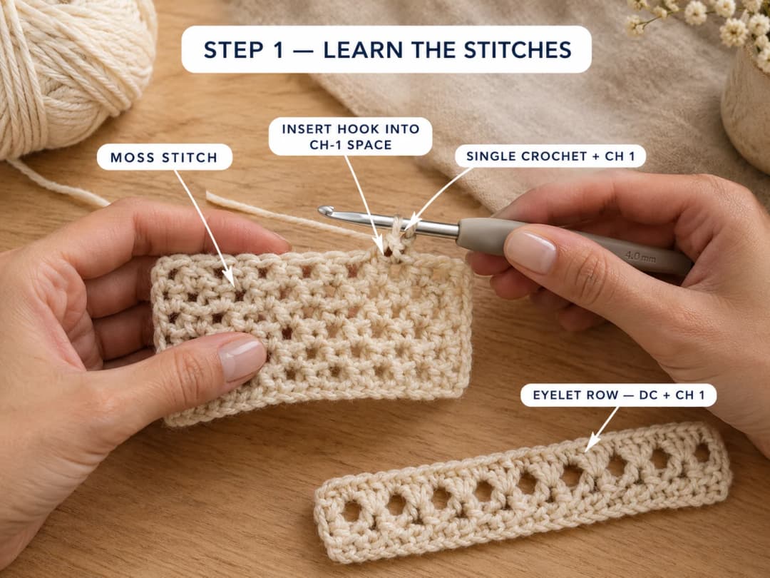 Learning the two stitches of the crochet summer sweater on a 4 mm hook: a cream moss stitch swatch in single crochet and chain 1, worked into the chain-1 spaces, and a strip of the double crochet and chain 1 eyelet row