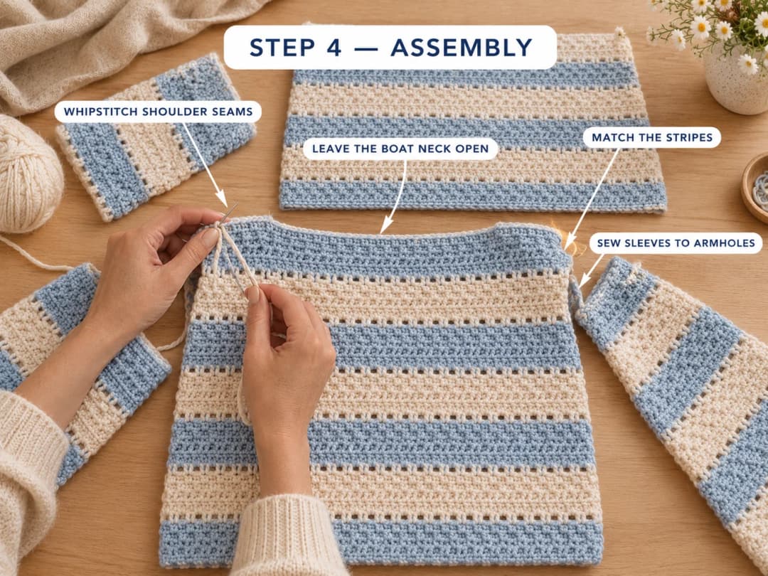 Assembling the crochet summer sweater: whipstitching the shoulder seams, leaving the boat neck open, matching the stripes and sewing the sleeves to the armholes