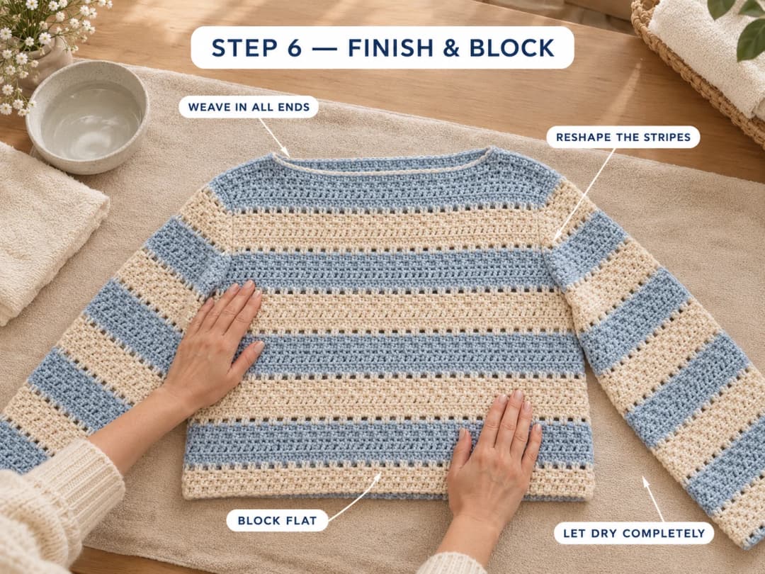 Finishing and blocking the striped crochet summer sweater: weaving in the ends, laying it flat on a towel, reshaping the stripes and letting it dry completely