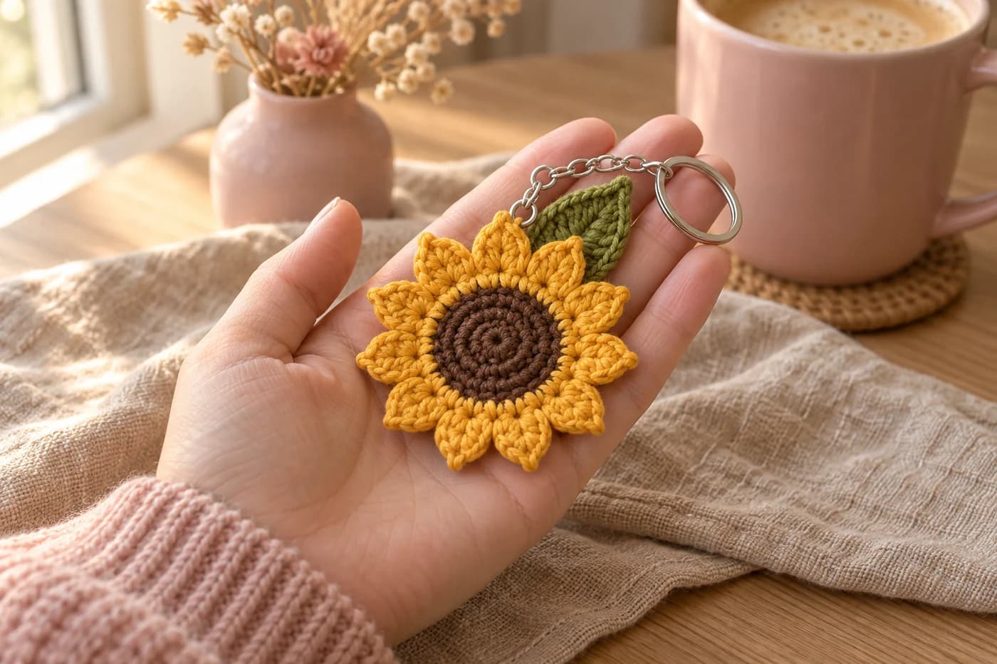Sunflower crochet keychain in an open palm: one crochet sunflower about 3¼ inches across, with a flat chocolate brown center, a thin yellow ring, twelve long pointed sunflower yellow petals with a neat outline, a small green leaf peeking out at the top right, and a silver jump ring at the tip of the top left petal holding a short chain and a key ring