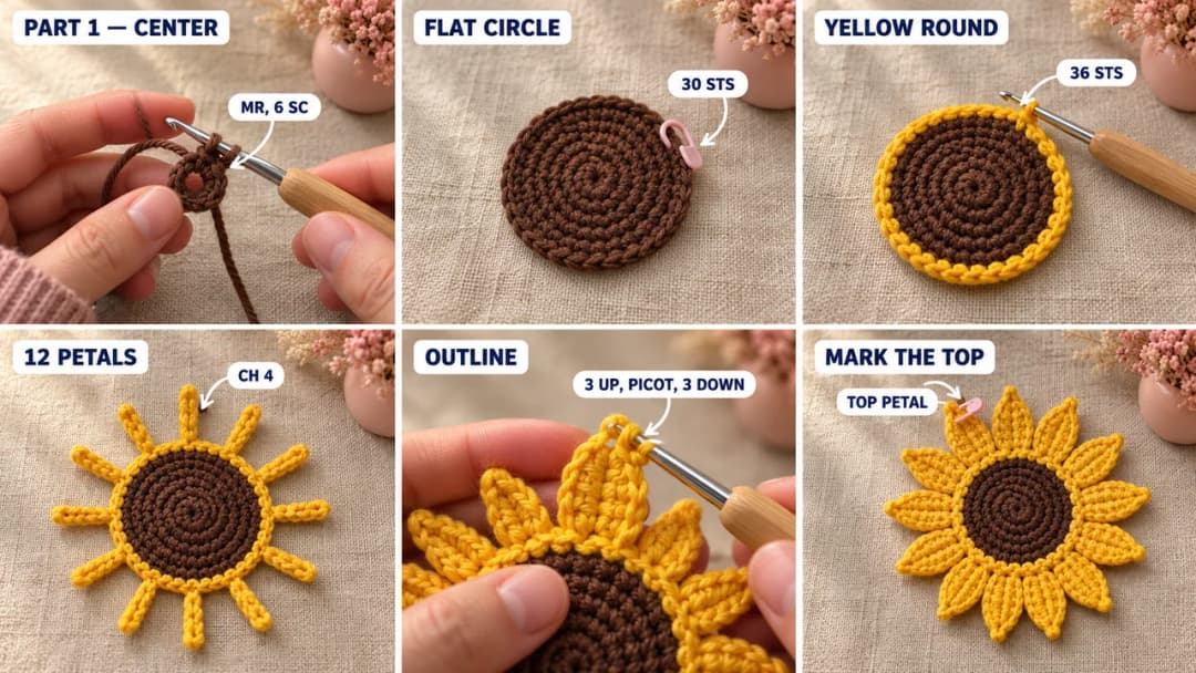 Step 1 of the sunflower crochet keychain in six photos: a brown magic ring of 6 sc on the hook, the flat brown circle of 30 stitches with a marker, the yellow round of 36 stitches around it, twelve thin yellow chain petals all around the brown center, the hook working the outline up a petal and around its picot tip, and the finished flower with a pink marker in the tip of the top left petal