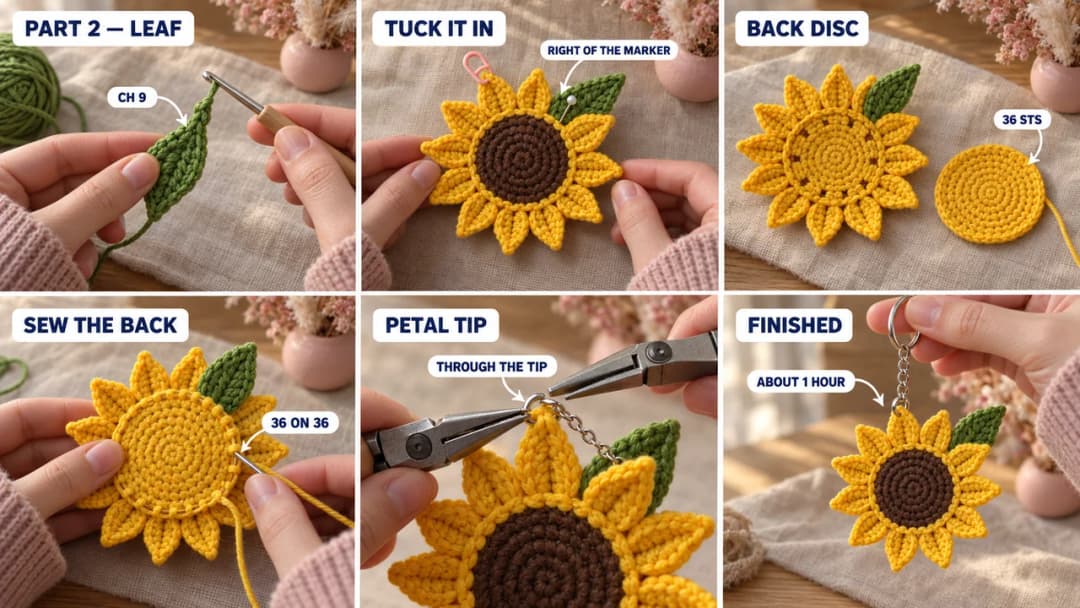Step 2 of the sunflower crochet keychain in six photos: a green leaf worked on a chain of 9, the leaf pinned behind the petal just right of the marked one, the flat yellow back disc of 36 stitches next to the flower, the disc whipstitched to the back 36 on 36, pliers closing a jump ring through the petal tip with a silver chain, and the finished sunflower hanging from a key ring