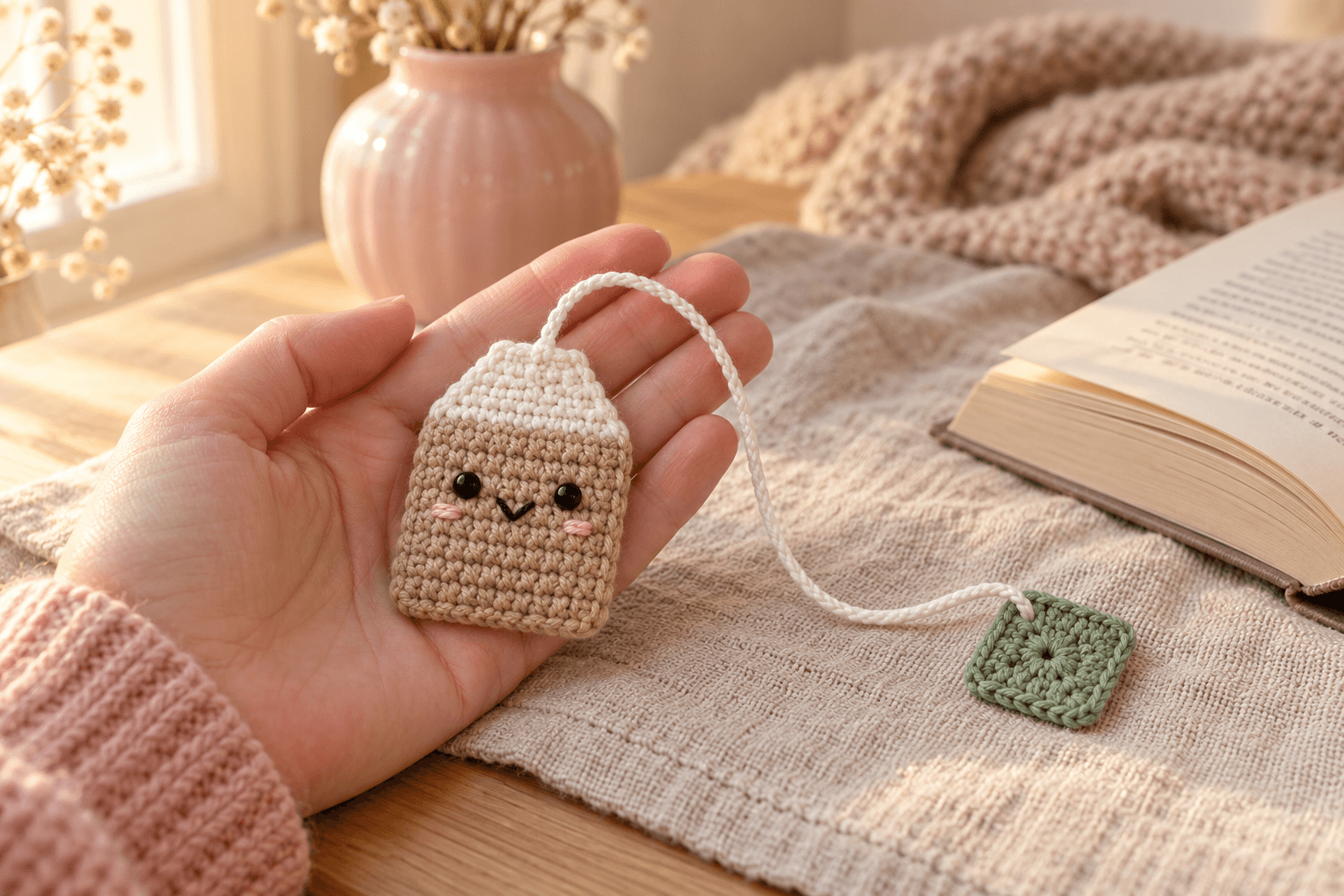 A small smiling crochet tea bag bookmark with a biscuit beige body, a tapered white top, black eyes, a stitched black smile and pink cheeks, connected by a long white cord to a flat sage green square tag, arranged beside an open book