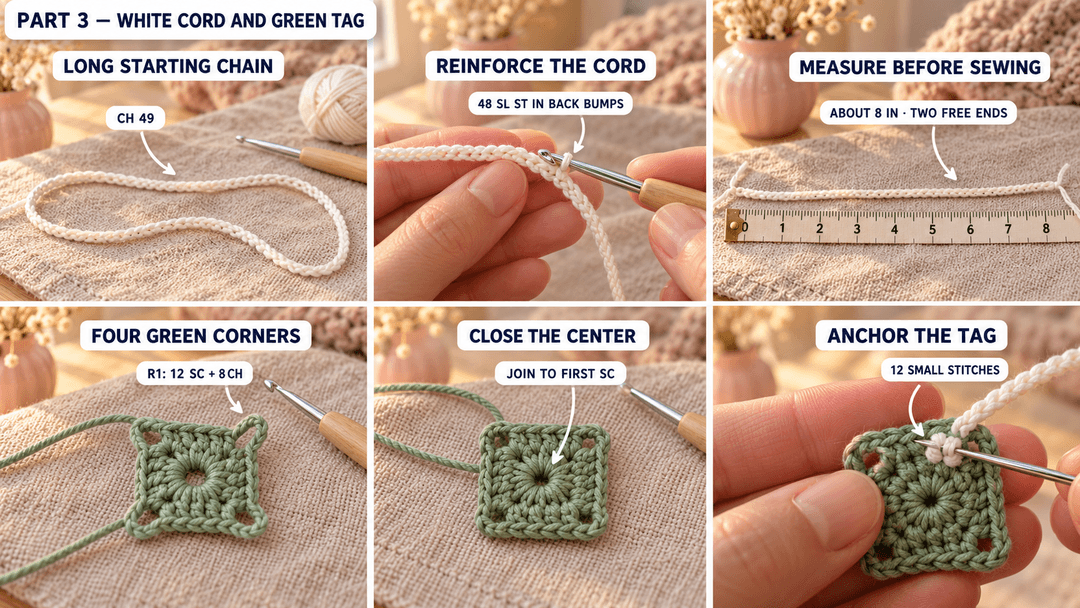 A white cord made from forty-nine chains and forty-eight slip stitches, measured before attachment, and a green tag with twelve single crochets and four chain-two corners.