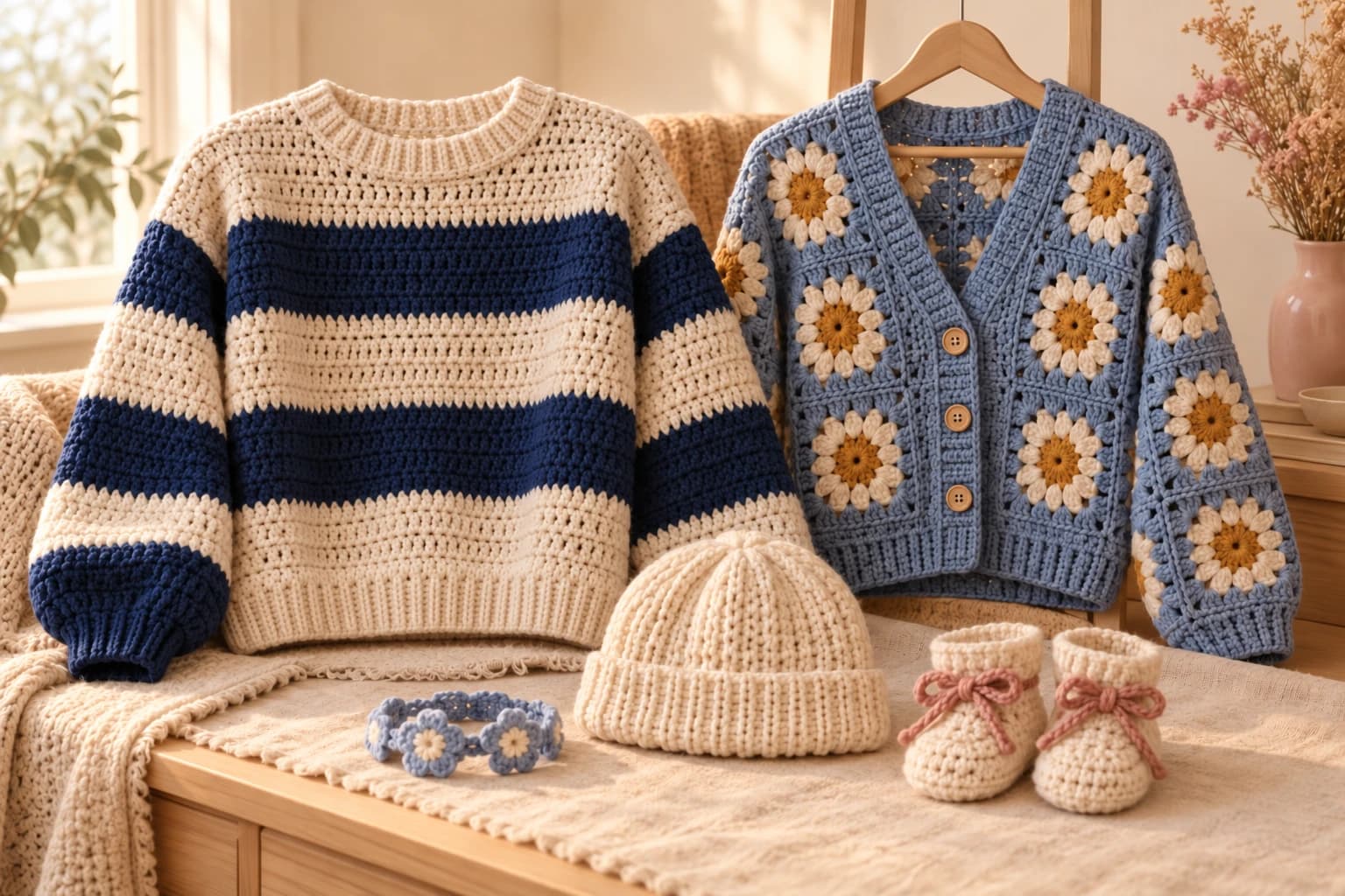 A cream and navy striped crochet sweater and a dusty blue sunflower cardigan displayed with a cream ribbed beanie, cream baby booties with dusty rose bows and a blue flower bracelet on oatmeal linen in warm window light.