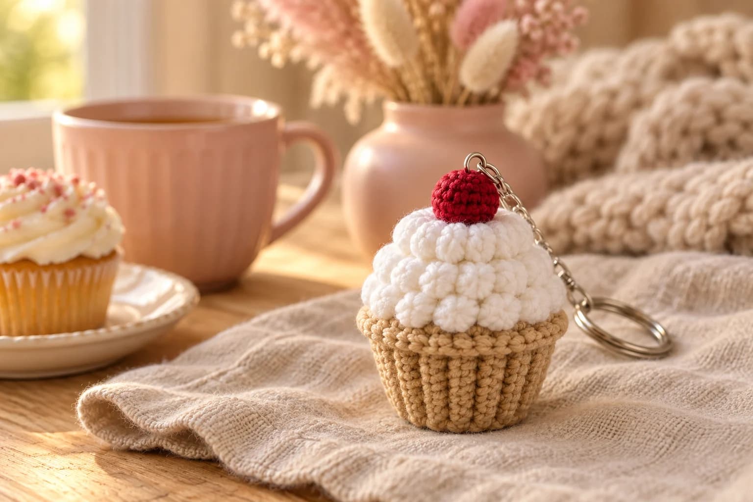 Crochet cupcake keychain: a mini amigurumi cupcake with a tan pleated liner, a rolled rim, puffy white frosting and a round red cherry on top, a silver jump ring on the cherry with a short chain to a silver key ring, sitting on an oatmeal linen cloth next to a real frosted cupcake, a blush pink mug of tea and a pink vase of dried flowers