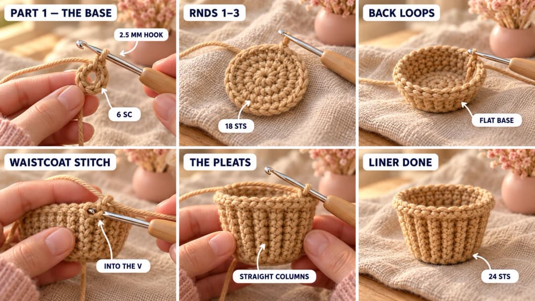 Step 1 of the crochet cupcake keychain: a tan magic ring of 6 single crochet on a 2.5 mm hook, a flat 18-stitch circle, the back-loop round that turns the corner, and the liner growing up in pleated columns of waistcoat stitch to 24 stitches