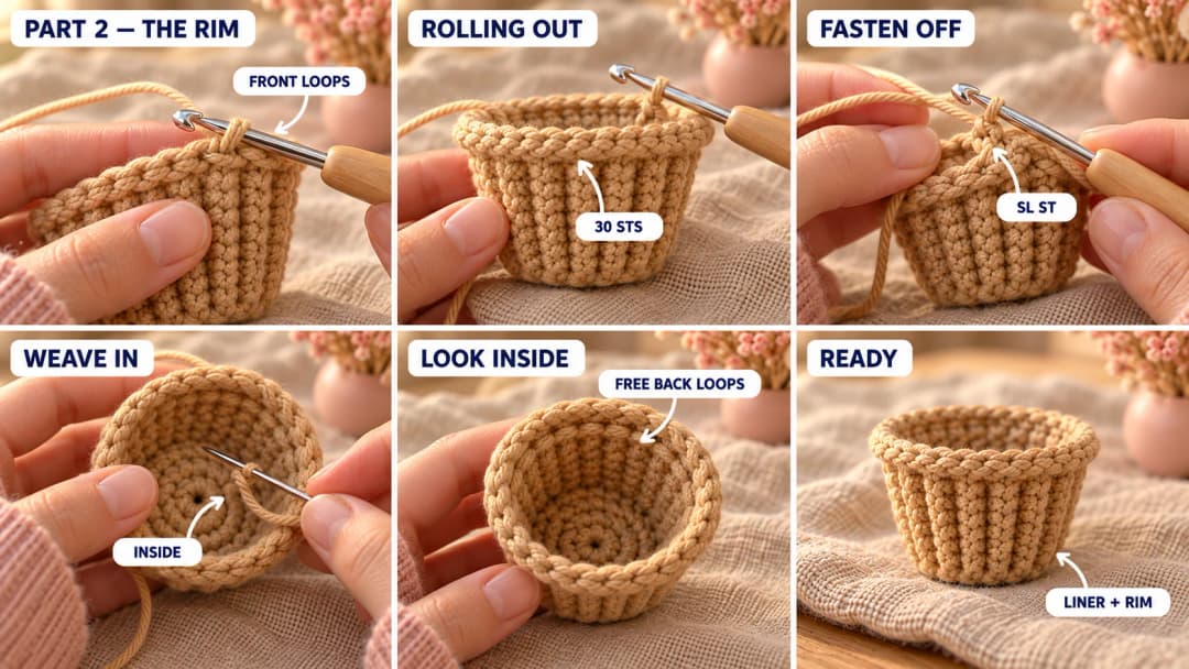 Step 2 of the crochet cupcake keychain: the tan rim worked in the front loops and rolling outward, the tail woven in, and the ring of free back loops on the inside of the liner, ready for the frosting