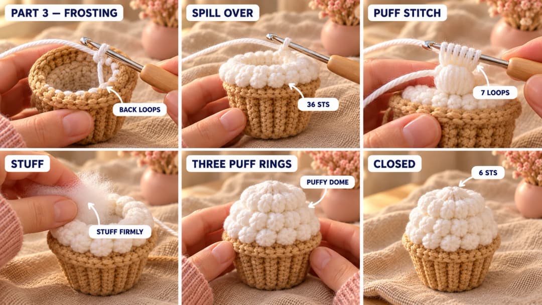 Step 3 of the crochet cupcake keychain: white frosting joined in the free back loops inside the rim, spilling over it, three rounds of puff stitches, the liner being stuffed, and the frosting closed into a puffy dome