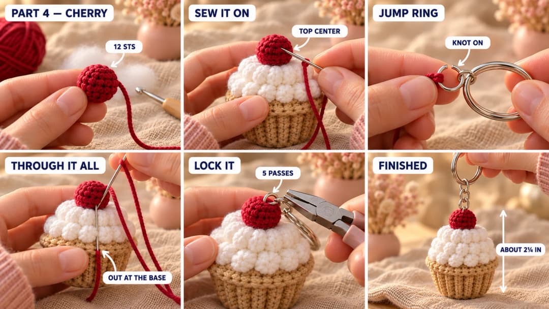 Step 4 of the crochet cupcake keychain: a small red stuffed ball for the cherry, the cherry sewn on top of the white frosting, a red strand knotted onto a silver jump ring and pulled down through the cupcake with a long needle, and the finished cupcake hanging from a short chain and a silver key ring