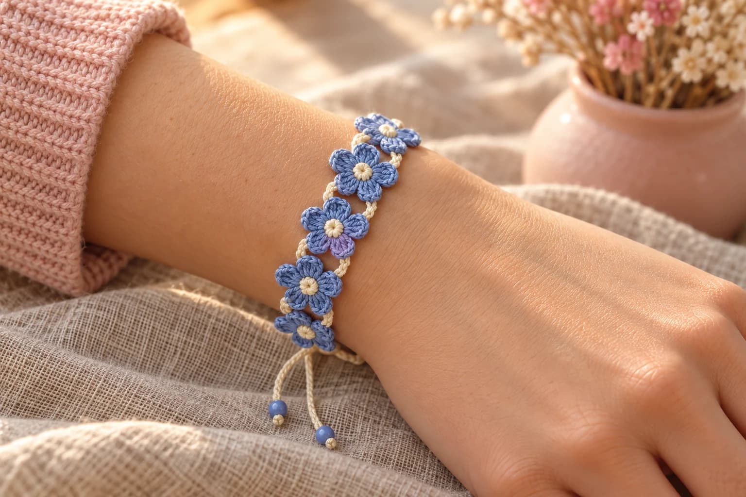 Cute crochet flower bracelet on a wrist: a close-set band of periwinkle blue five-petal forget-me-not flowers with raised cream centers, joined by short cream links, with two cream ties and little blue bead tips hanging from a sliding knot