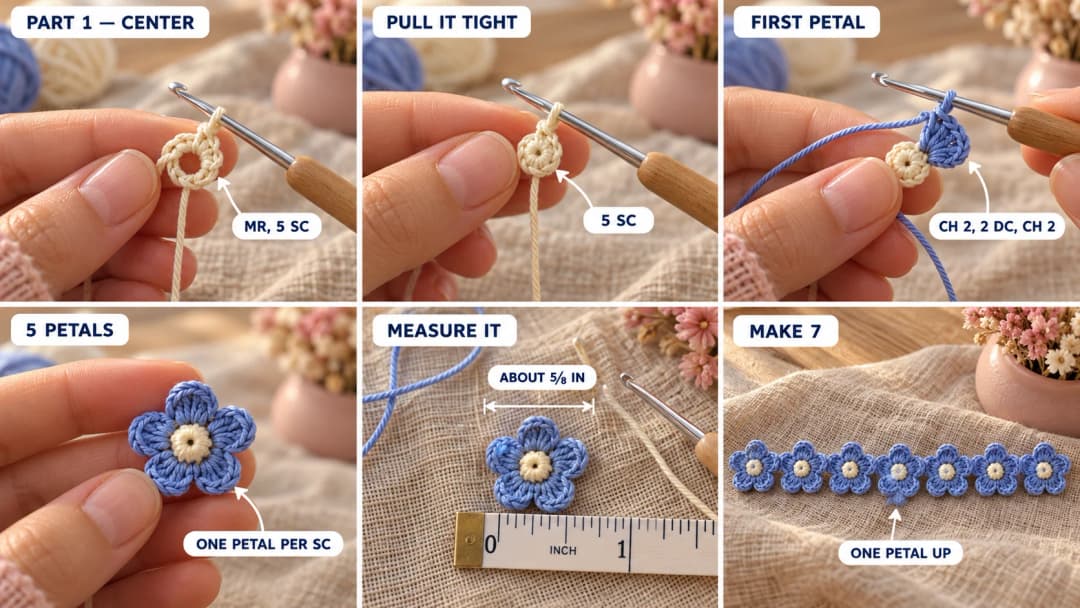 Step 1 of the cute crochet flower bracelet: a tiny cream magic ring of five single crochet on a 1.5 mm steel hook, blue thread joined to work five petals of two double crochet each, and a row of finished blue forget-me-not flowers with cream centers