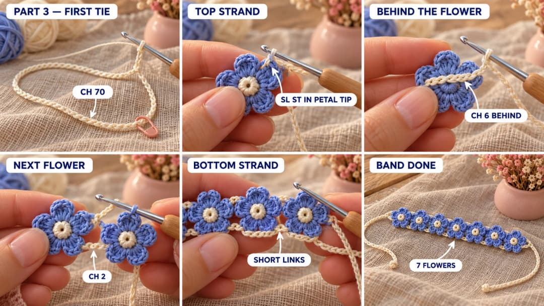 Step 2 of the cute crochet flower bracelet: blue flowers laid in a row with one petal pointing up, a cream chain tie with a stitch marker at the junction, the cream top strand slip-stitched to the side petal tips with very short chains between flowers, and the bottom strand closing small openings between flowers set almost petal to petal