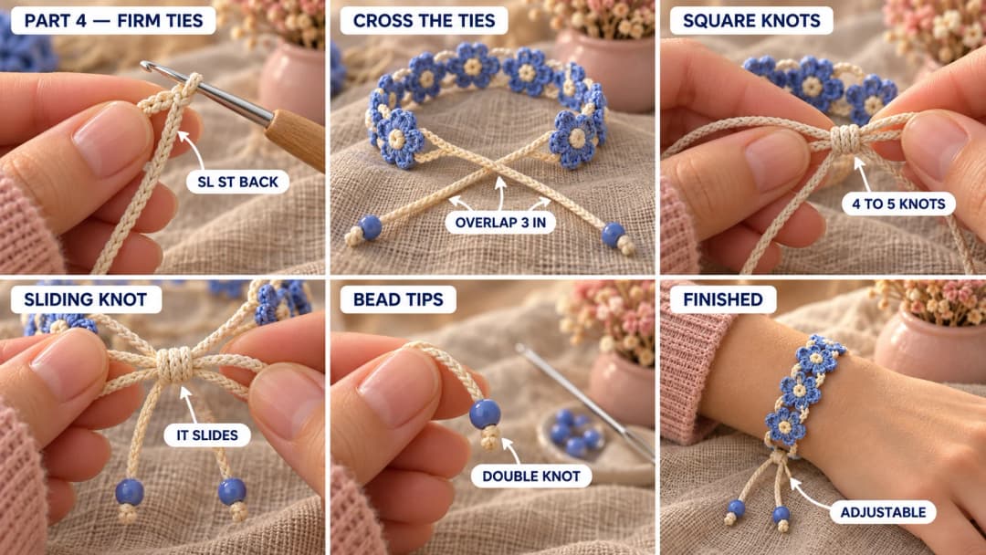 Step 3 of the cute crochet flower bracelet: two cream ties crossed and overlapping, a short length of cream thread tying square knots around both to make a sliding knot, a small blue bead knotted at each tie end, and the finished bracelet on a wrist