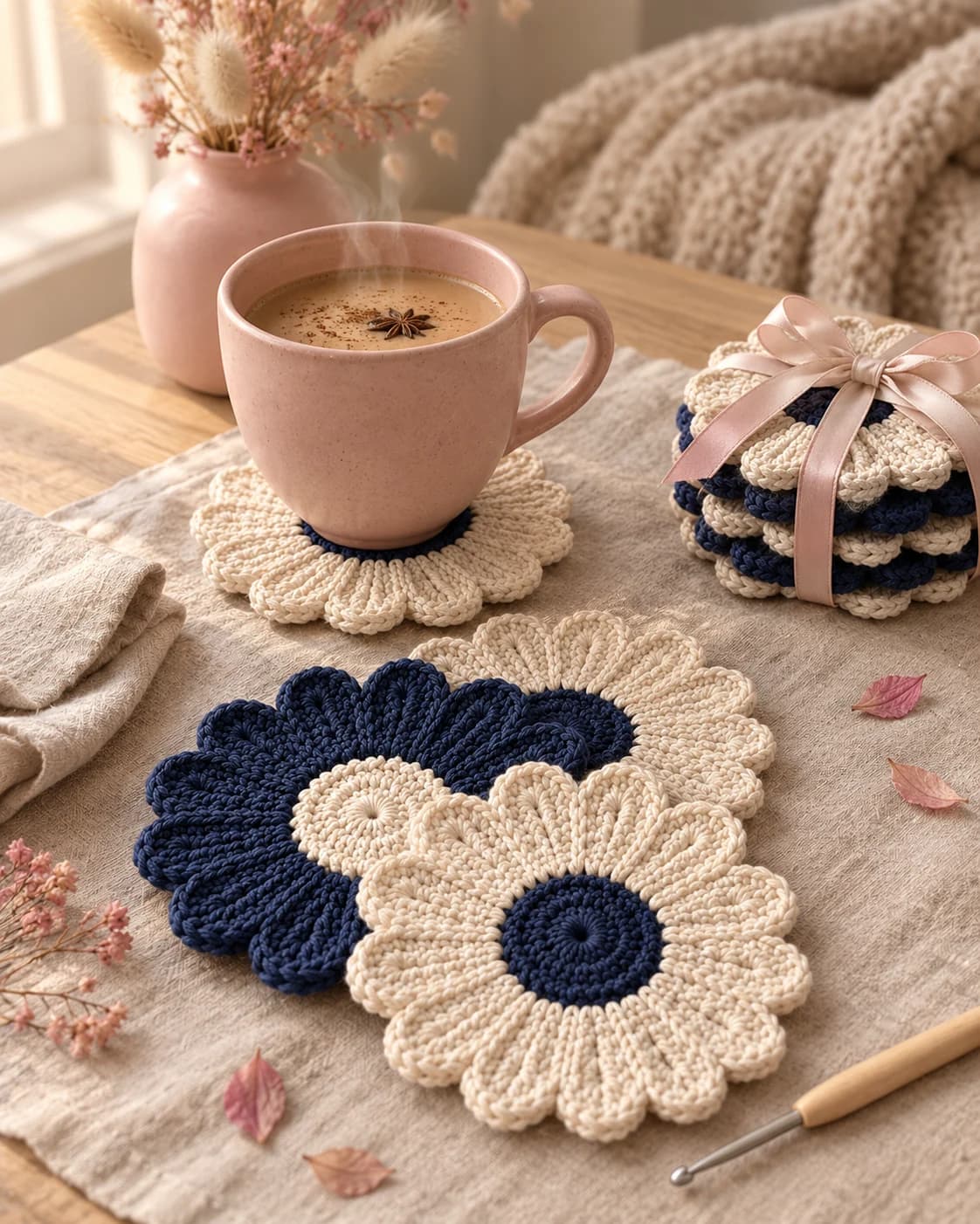 Crochet daisy coaster pattern: cream and navy sixteen-petal daisy coasters on an oatmeal linen runner, a blush pink mug on a cream daisy with a navy center, a stack of coasters tied with a blush satin ribbon, and a navy daisy with a cream center overlapping a cream daisy in the foreground next to a crochet hook