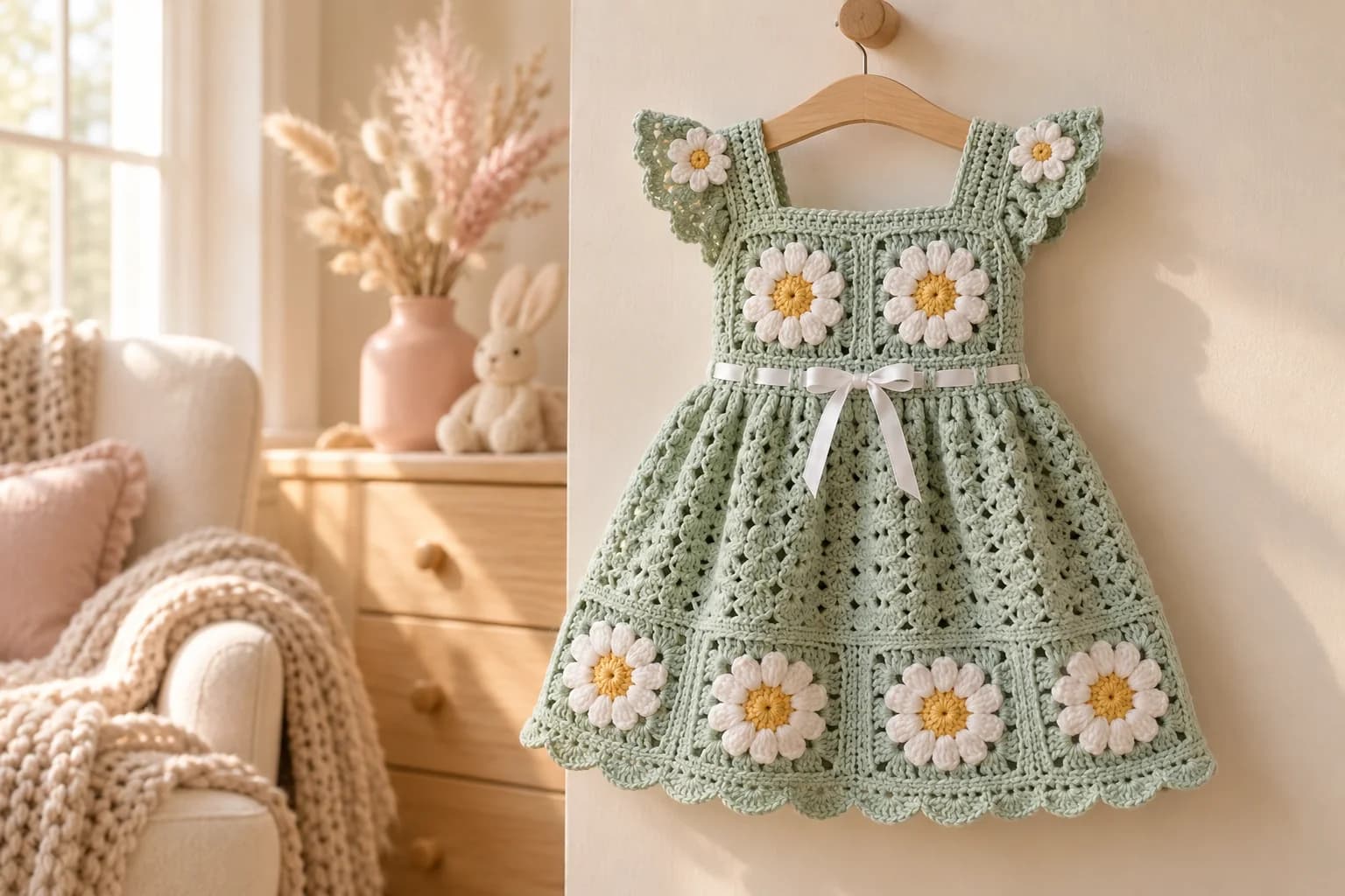 Daisy granny square baby dress in soft mint cotton: a bodice of granny squares with white daisies and yellow centers, a square neckline, flutter cap sleeves with a daisy on each shoulder, a white satin ribbon tied in a bow at the waist, a mint shell lace skirt and a band of daisy squares above a scalloped hem, hanging on a small wooden hanger on a cream wall in a cozy beige nursery, with a light oak dresser, a blush pink vase of dried flowers, a cream knitted bunny and an armchair with a chunky knit throw softly blurred