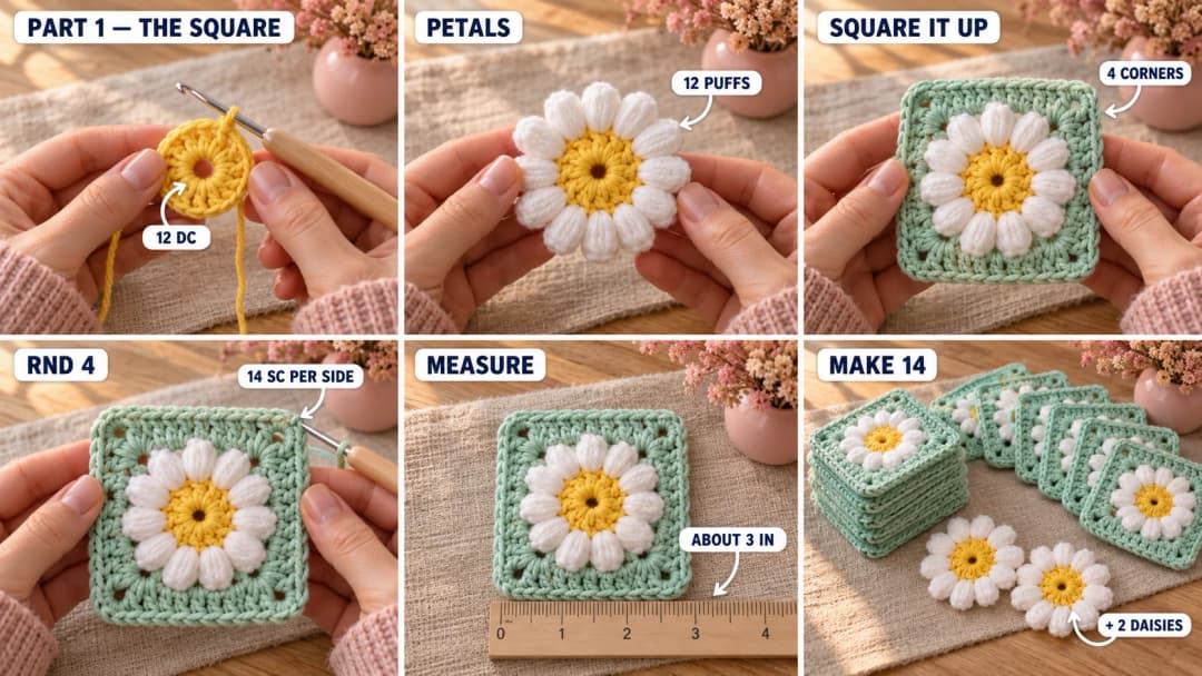 Step 1 of the daisy granny square baby dress: a yellow magic ring of double crochet, twelve white puff stitch petals around it, a mint round of double and half double crochet squaring it up, a round of single crochet, and a pile of finished mint daisy granny squares