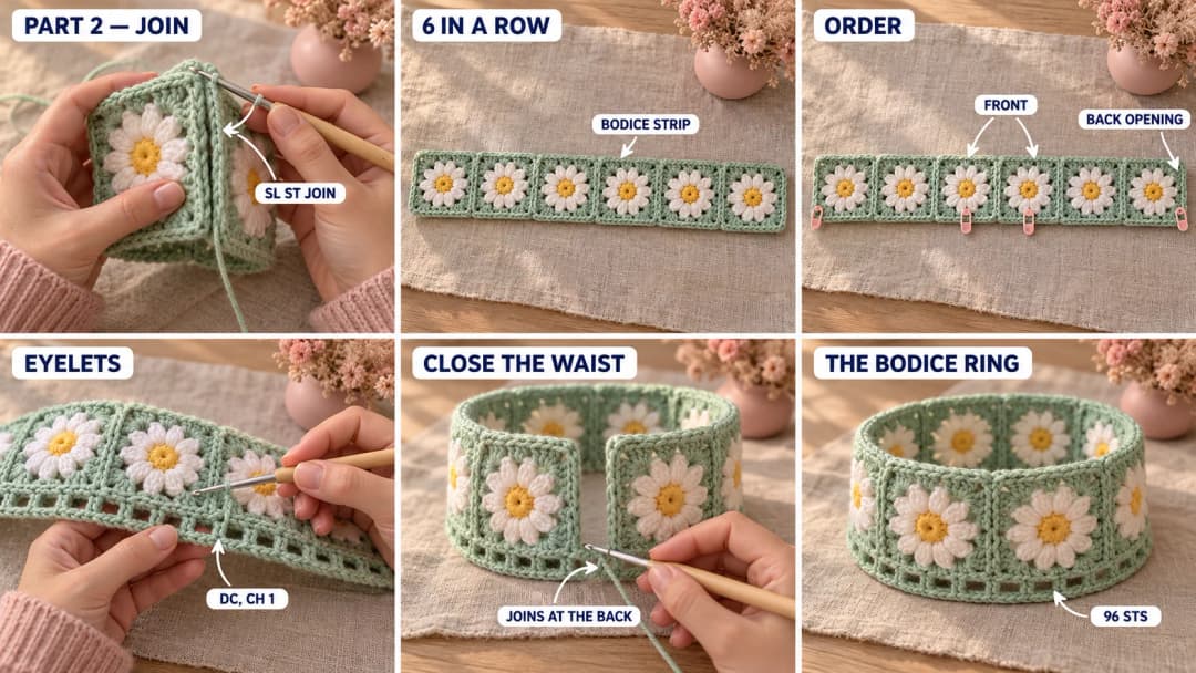Step 2 of the daisy granny square baby dress: two mint daisy squares held right sides together and joined with slip stitches, a row of six joined squares, and a round of double crochet and chain-1 eyelets worked along the bottom edge, closing into a ring at the waist