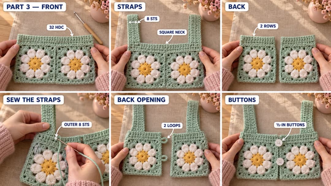 Step 3 of the daisy granny square baby dress: rows of mint half double crochet across the two front squares, two straps rising from the corners with a square neckline between them, two rows of half double crochet on each back square, the straps sewn to the back, and the back opening edged with two chain button loops and two small white buttons