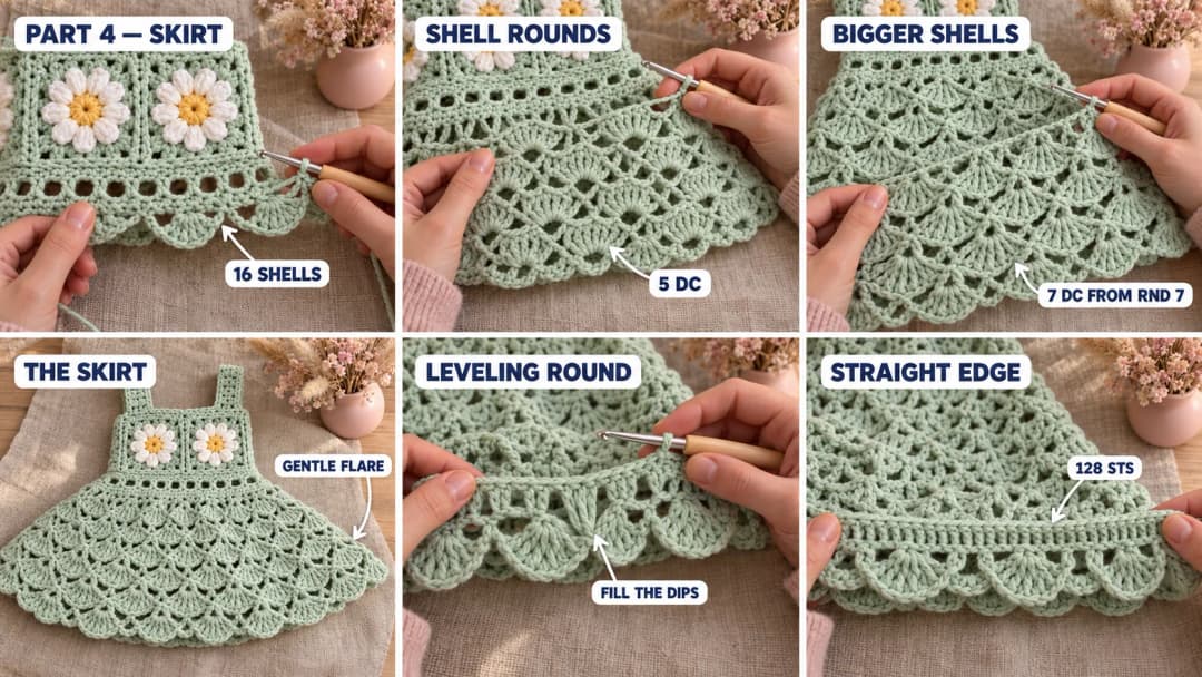 Step 4 of the daisy granny square baby dress: the first round of five double crochet shells under the eyelet round, shell lace rounds stacking into a skirt, the shells growing to seven double crochet halfway down, and a leveling round of single, half double, double and treble crochet that straightens the bottom edge
