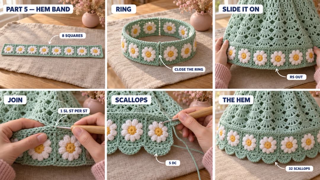 Step 5 of the daisy granny square baby dress: eight mint daisy squares joined into a ring, the ring slid over the shell lace skirt and joined to the leveling round with slip stitches, and a scalloped edge of five double crochet worked along the bottom of the squares