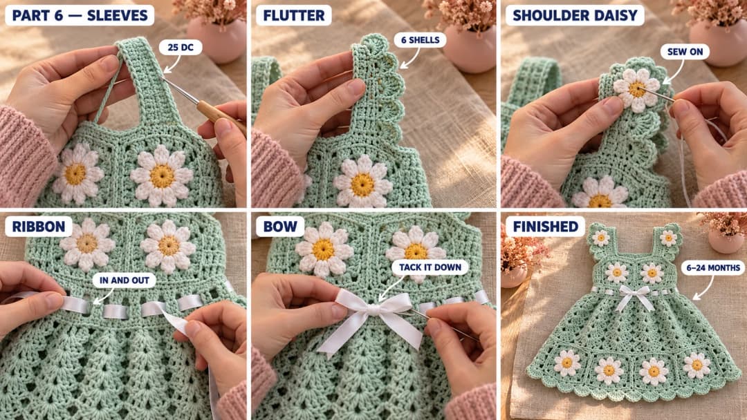Step 6 of the daisy granny square baby dress: a row of double crochet along the strap with little shells for a flutter cap sleeve, a white daisy sewn on each shoulder, a white satin ribbon woven through the eyelet round and tied in a bow at the front, and the finished mint dress laid flat