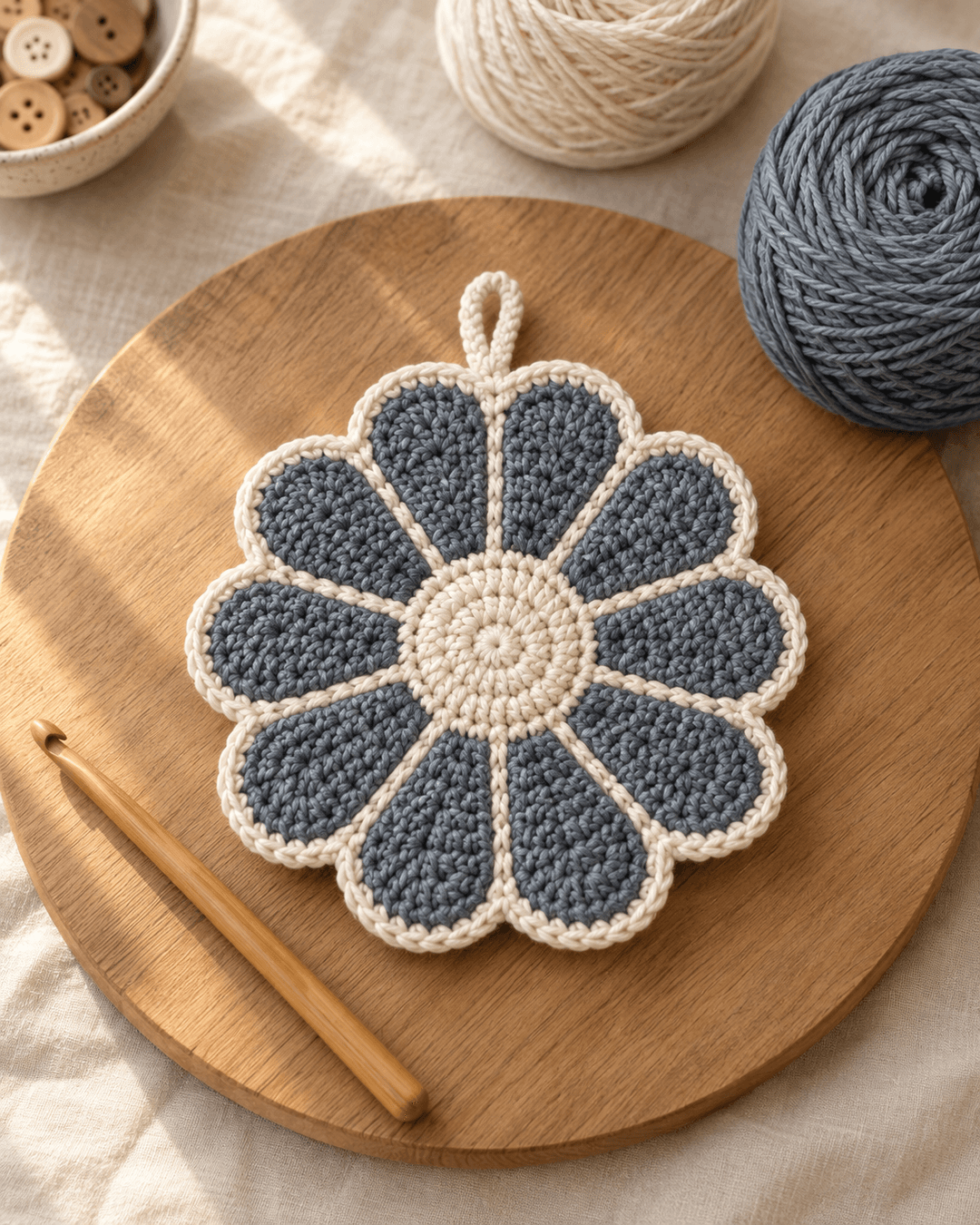 Slate blue-grey crochet daisy potholder with cream-trimmed petals and a cream center on a round wooden cutting board