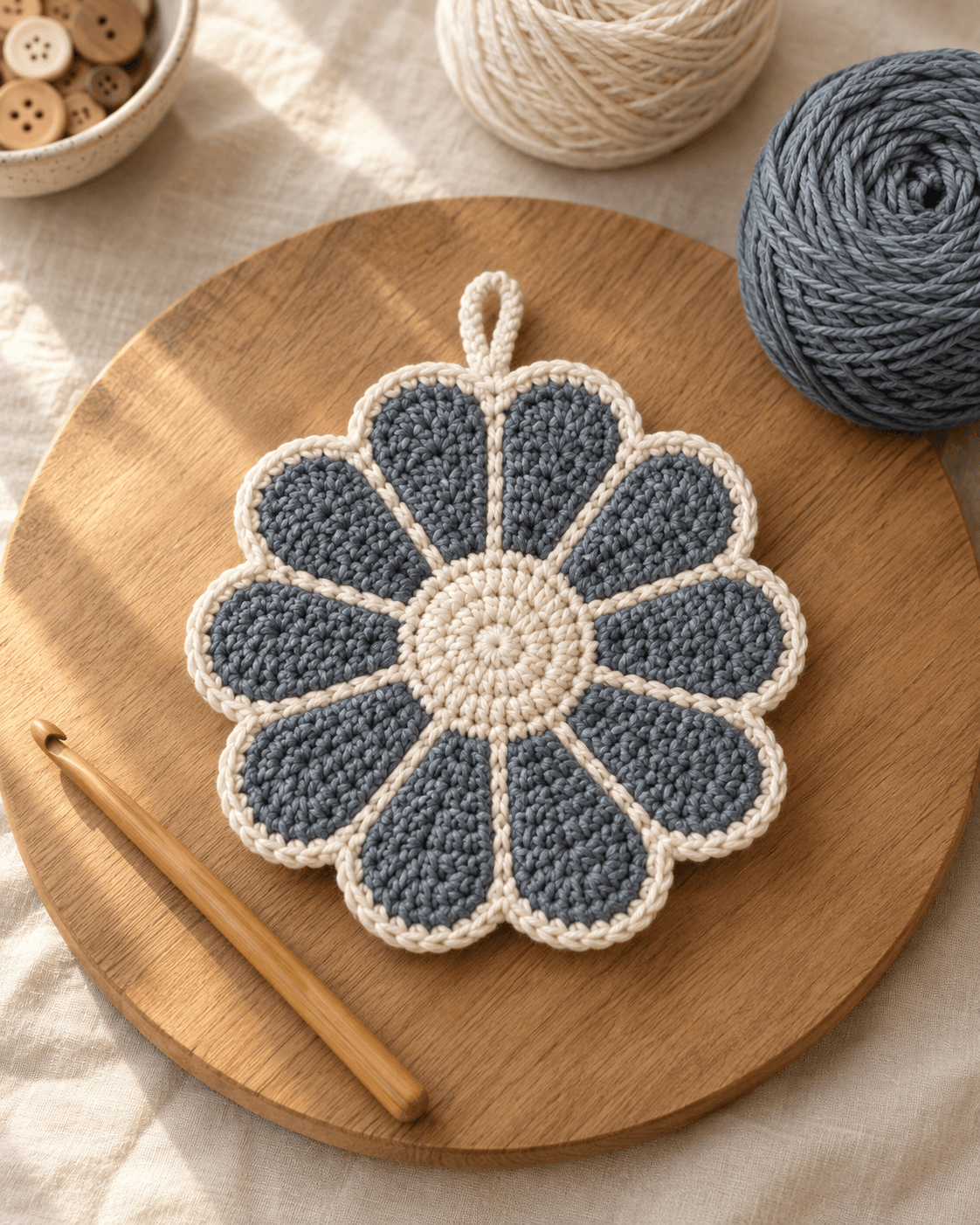 Slate blue-grey daisy crochet potholder with cream trim and a cream center, resting on a round wooden cutting board on a cream linen surface
