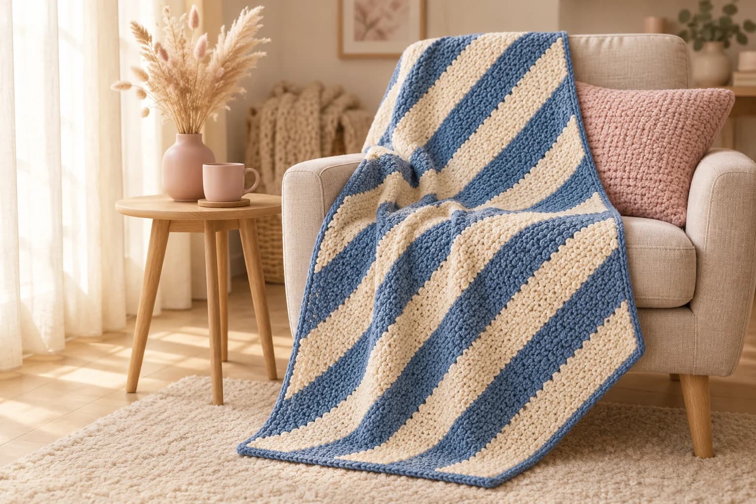 Diagonal striped crochet blanket: a denim blue and cream corner-to-corner moss stitch throw with wide diagonal stripes and a thin blue border, draped over a cream armchair by a sunny window, next to a blush pink knit cushion, a light oak side table with a blush pink vase of dried pampas and a pink mug, and a cream rug