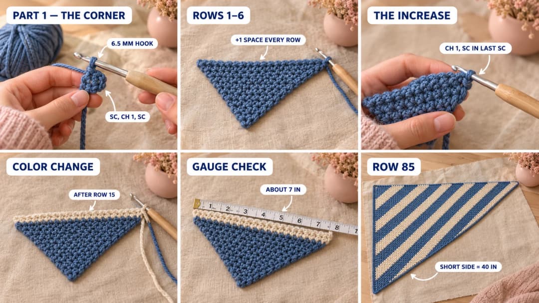 Step 1 of the diagonal striped crochet blanket: a 6.5 mm hook with a tiny blue corner of three stitches, the first rows of moss stitch growing into a small blue triangle, the edge increase with a single crochet in the last stitch, the first cream stripe starting with a color change, the triangle measured with a tape at about 7 inches along each edge, and a large blue and cream striped triangle laid flat