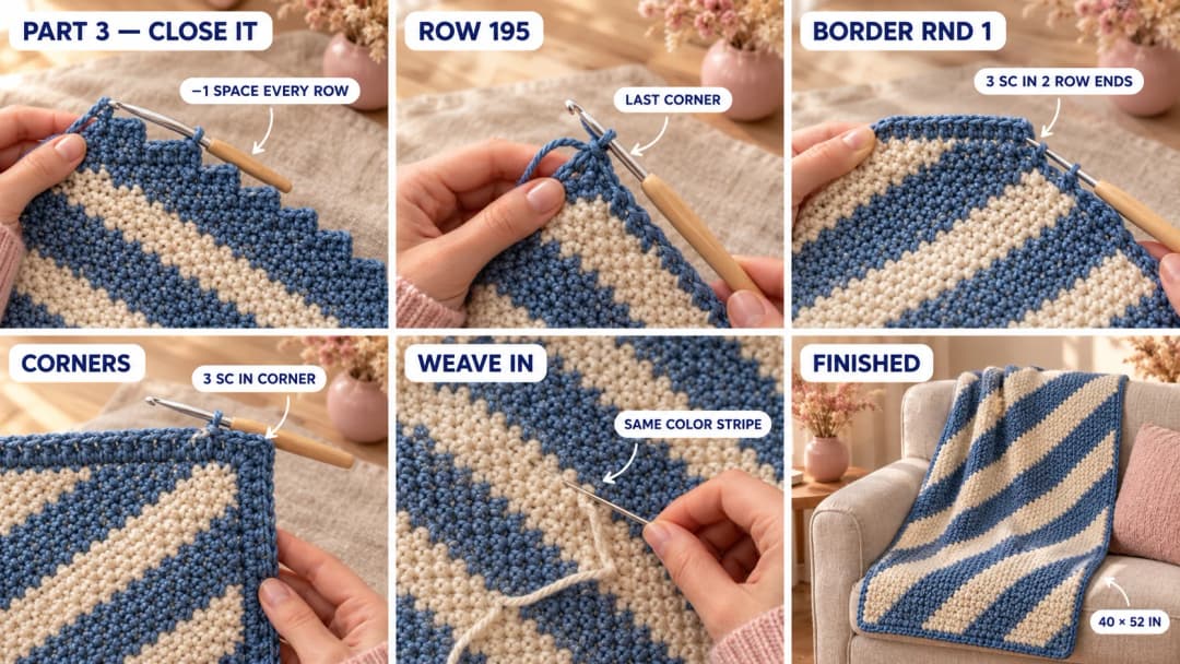Step 3 of the diagonal striped crochet blanket: the rows shrinking toward the last corner, the final tiny blue corner of sc, ch 1, sc, the first round of blue single crochet border along the stepped edge, three single crochet in a corner, ends woven in on the wrong side, and the finished blue and cream diagonal striped throw draped over a cream armchair
