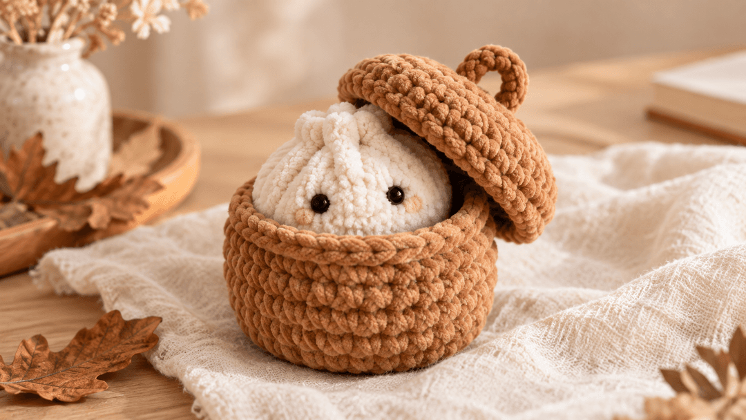 Chunky white chenille crochet dumpling with a pink blush nestled inside a caramel brown lidded basket