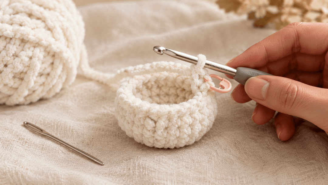 Overhead close-up of the crochet dumpling in progress — a small white chenille bowl shape held on a 5mm silver Clover Amour hook with a pink locking stitch marker clipped into the working stitch, ball of white blanket yarn softly blurred left, tapestry needle on cream linen