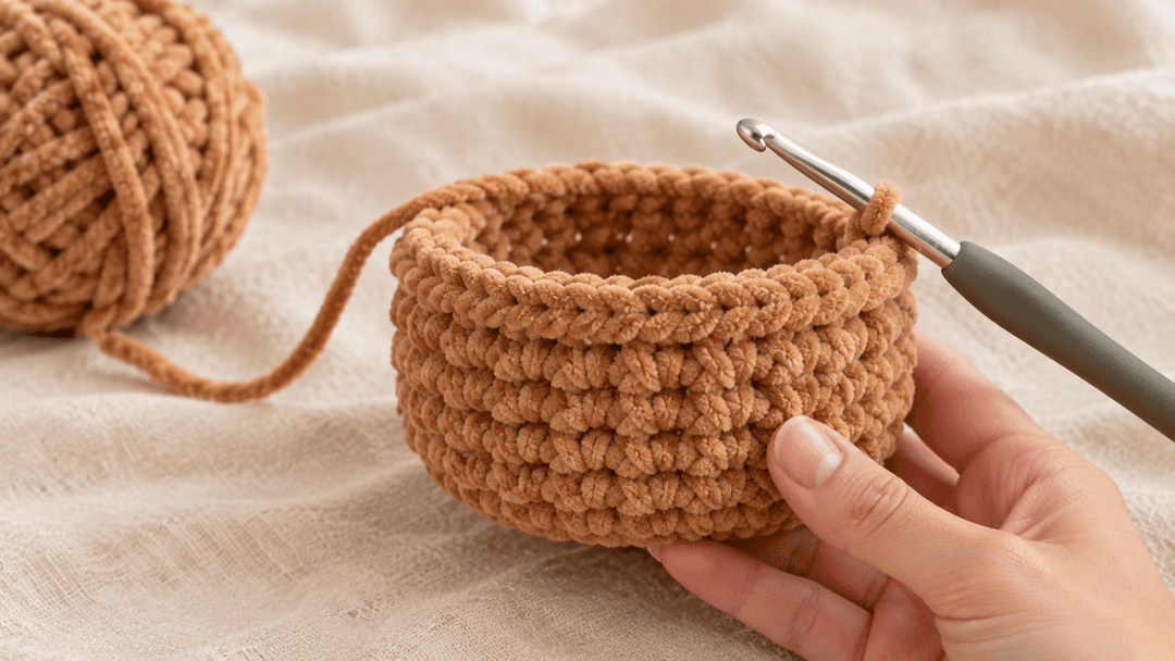 The warm caramel brown chunky crochet basket base in progress — a round chenille bowl about 2 inches tall with straight upright walls after the BLO fold ridge, held from below by a female hand, 5mm silver hook mid-round at the right rim, ball of caramel chenille yarn softly blurred left on cream linen