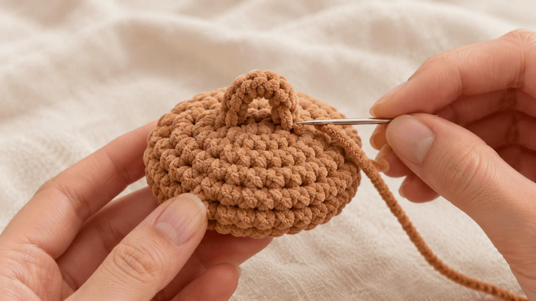 Two hands holding the finished warm caramel brown chunky crochet lid with a small arched loop handle on top, a tapestry needle threaded with caramel yarn mid-stitch tucking in the handle tail, cream linen background softly blurred