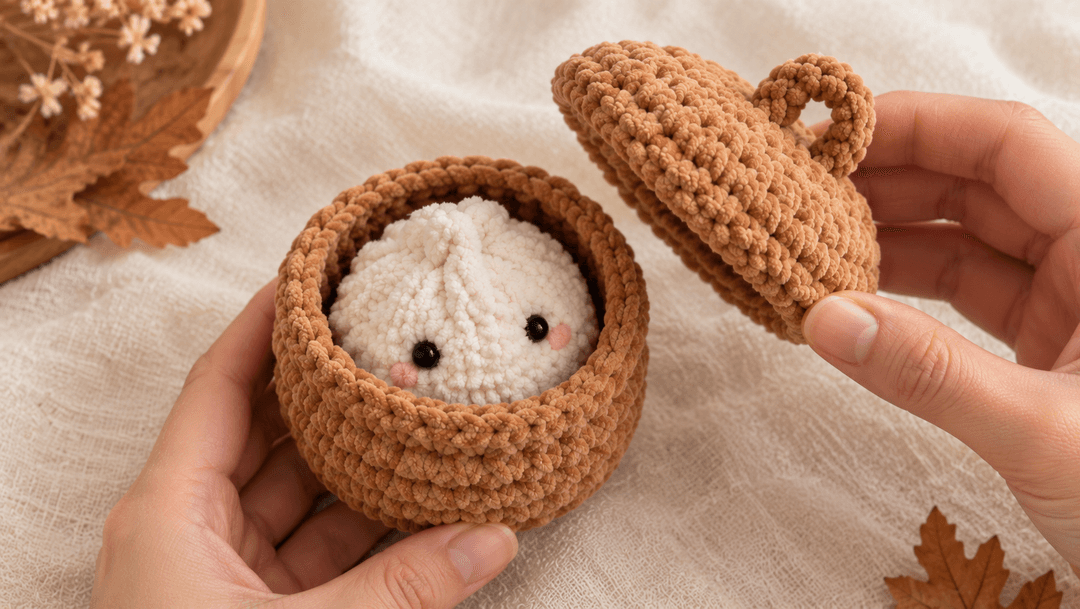 Overhead reveal shot — the warm caramel brown lid held to the right by fingertips, lifted just above the matching caramel basket on the left which reveals the soft white bao dumpling nestled snugly inside with black safety eyes and pink cheeks looking up, styled with dried oak leaves and a wooden tray on cream linen