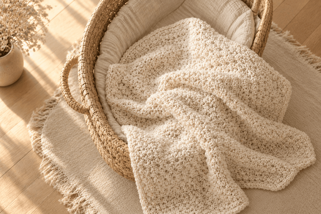 Cream chunky moss stitch crochet baby blanket draped in a woven Moses basket on a soft rug