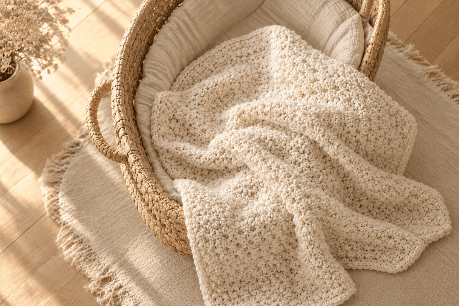 Cream chunky moss-stitch crochet baby blanket loosely draped in a natural woven Moses basket on a soft rug