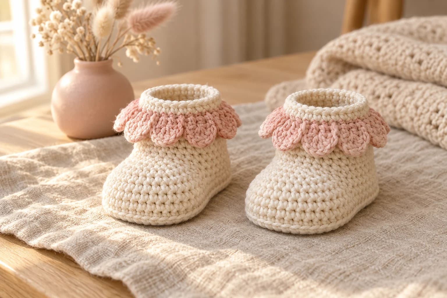 Easy crochet baby booties on oatmeal linen: a pair of cream single crochet booties with rounded toes and a tall ankle, each finished with a ring of blush pink scalloped petals that fold down around the opening like a little flower