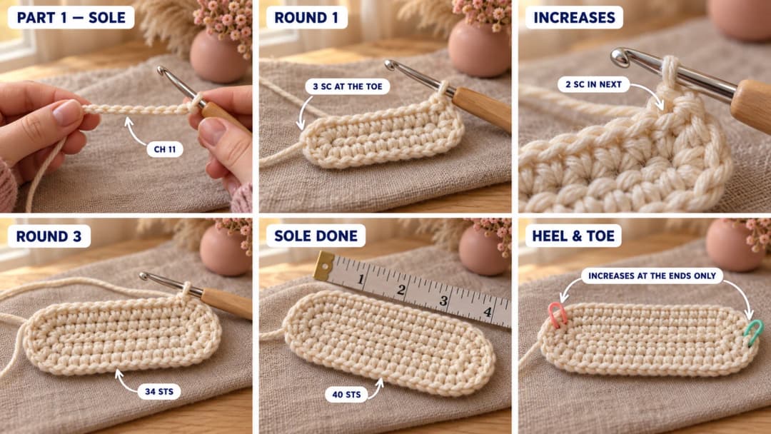 Step 1 of the easy crochet baby booties: cream worsted cotton on a 4 mm hook working single crochet along both sides of a short chain, the oval growing round by round with increases only at the rounded heel and toe, and the finished flat cream sole about 3½ inches long