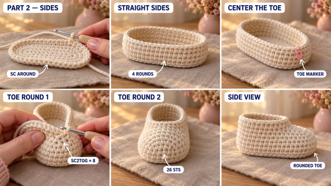 Step 2 of the easy crochet baby booties: the cream sides rising straight up from the edge of the oval sole in rounds of single crochet, then a row of single crochet decreases across the front pulling the toe into a rounded cap, leaving a round ankle opening toward the back