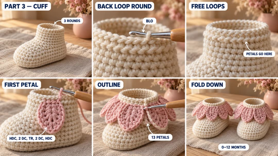 Step 3 of the easy crochet baby booties: cream cuff rounds of single crochet above the toe, a back-loop round leaving a ridge of free front loops, blush pink yarn joined into those loops, long petals of half double, double and treble crochet worked all around with a single crochet outline, and the finished pair with the petals folded down like a flower