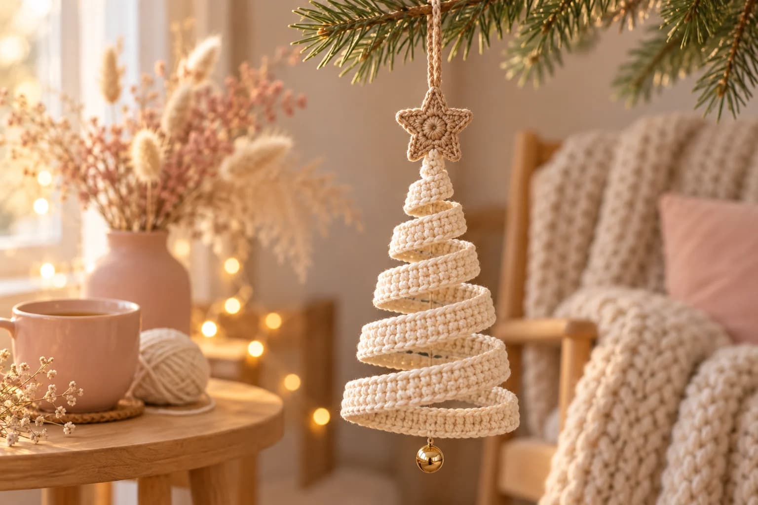 Easy crochet Christmas tree ornament: a cream crochet strip swirled into a cone-shaped tree with small gaps between the coils, topped with a tan crochet star and a tan hanging loop, with a small gold bell hanging under the bottom coil, hanging from a pine branch in a cozy beige room, next to a light oak side table with a blush pink mug, a ball of cream yarn and a pink vase of dried flowers, with a chunky cream knit throw and warm fairy lights softly blurred behind