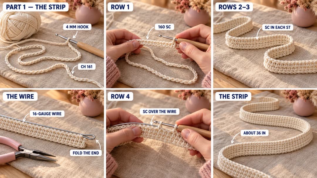 Step 1 of the easy crochet Christmas tree ornament: a long chain in cream cotton on a 4 mm hook, the first rows of single crochet along it, aluminum craft wire with a folded end laid along the top edge, single crochet worked over the wire, and the finished cream strip with the wire hidden inside