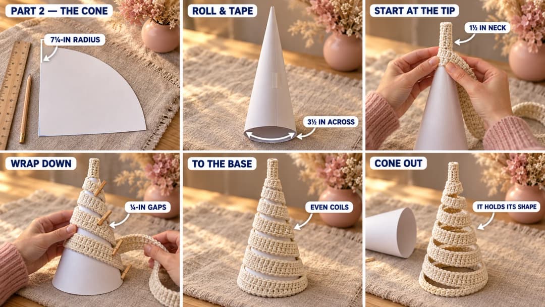 Step 2 of the easy crochet Christmas tree ornament: a cardstock quarter circle rolled into a tall paper cone, the cream crochet strip wrapped around it from the tip down with small even gaps between the coils and the wire edge on top, coils held with mini clothespins, and the swirl tree standing on its own after the cone is slid out