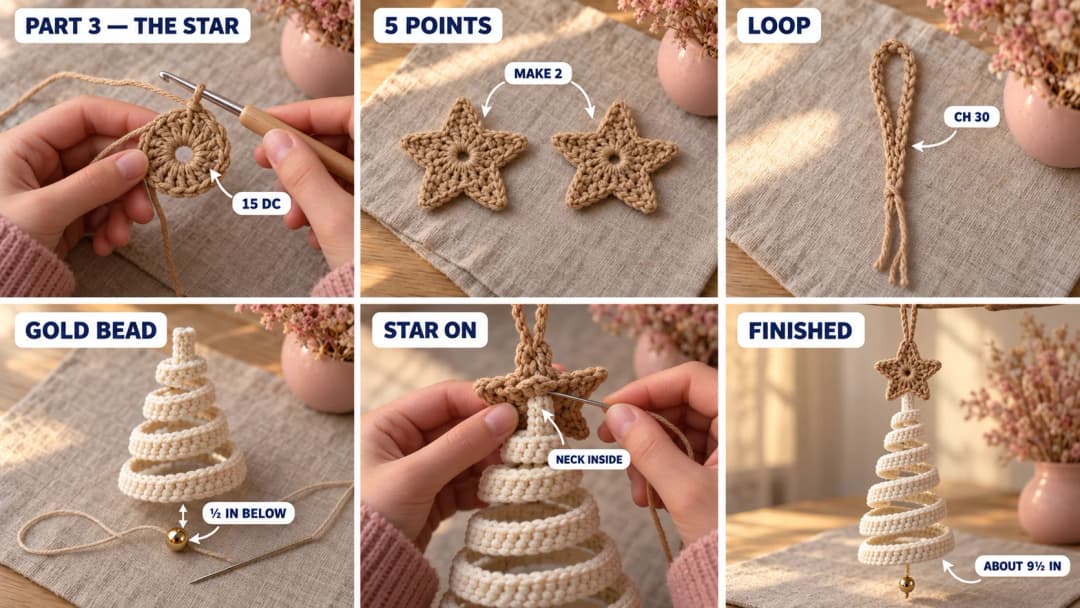 Step 3 of the easy crochet Christmas tree ornament: a small tan crochet star with five points, two stars placed back to back with the neck of the cream swirl tree slid between them, a tan chain hanging loop, a gold bead hanging from a thread under the bottom coil, and the finished swirl tree ornament hanging from its loop